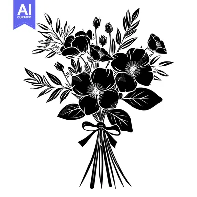 Aset premium populer: Black and white silhouette of a bouquet of flowers tied with a bow