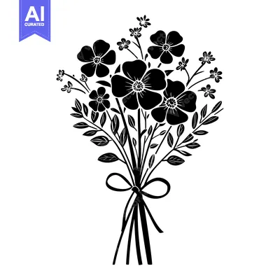 Aset premium populer: Black and White Silhouette of a Flower Bouquet with a Bow