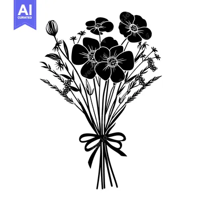 Premium design asset: Black Silhouette of a Bouquet of Flowers with a Bow