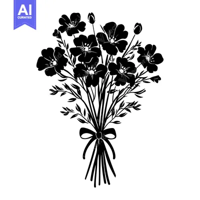Aset premium populer: A Black and White Silhouette of a Bouquet of Flowers Tied with a Bow