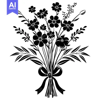 Aset premium populer: Black and White Silhouette of a Bouquet of Flowers with a Bow