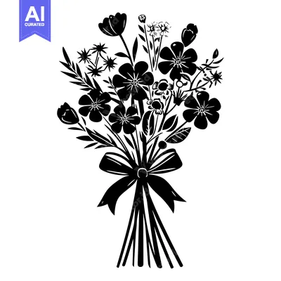 Aset premium populer: A Black and White Silhouette of a Bouquet of Flowers Tied with a Bow