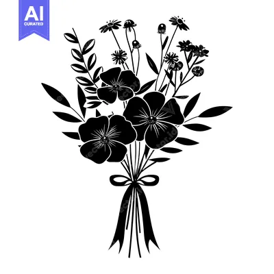 Aset desain premium: Black Silhouette of a Tied Bouquet of Flowers and Leaves