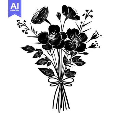 Aset premium populer: Black and White Silhouette of a Bouquet of Flowers with a Bow