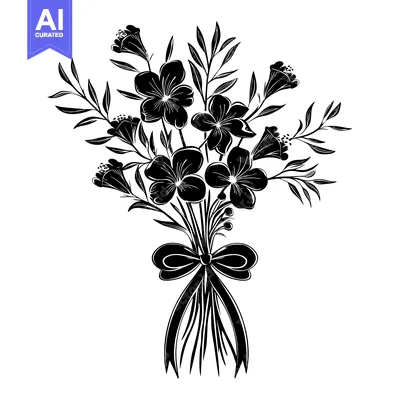 Aset desain premium: Black and White Silhouette of a Bouquet of Flowers with a Bow