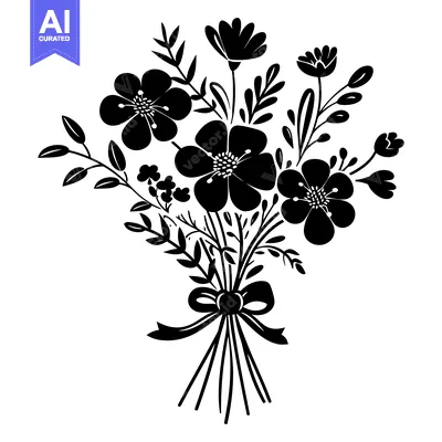 Aset premium populer: Black and White Silhouette of a Flower Bouquet with a Bow