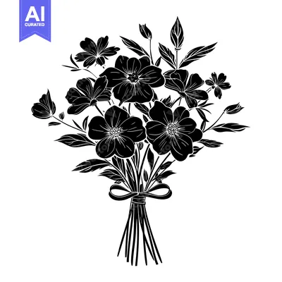 Premium design asset: Black and White Silhouette of a Flower Bouquet with a Bow