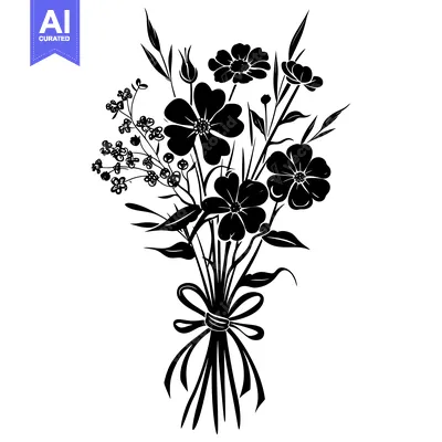 Aset desain premium: Black and White Silhouette of a Bouquet of Flowers with a Ribbon