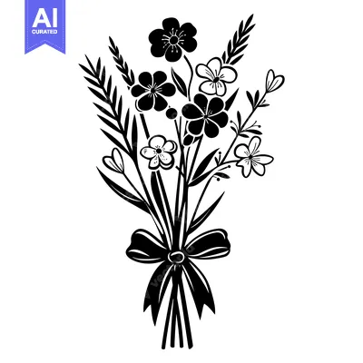 Aset desain premium: A Bouquet of Black and White Flowers Tied with a Bow