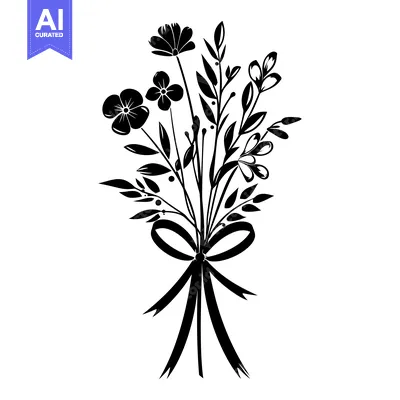 Aset premium populer: Silhouette of a Bouquet of Flowers with a Ribbon