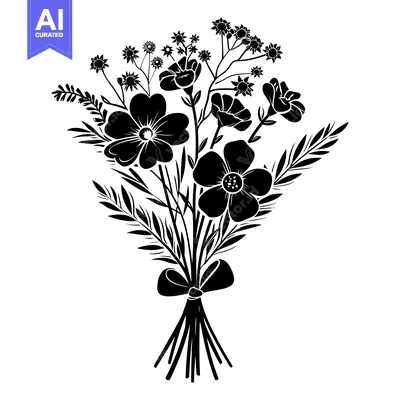Aset premium populer: Black and White Silhouette of a Flower Bouquet with a Bow
