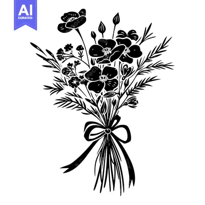 Aset premium populer: Black and White Silhouette of a Bouquet of Flowers with a Bow