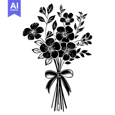 Premium design asset: Black and White Silhouette of a Flower Bouquet with a Bow