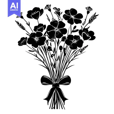 Aset desain premium: Black and White Silhouette of a Bouquet of Flowers with a Bow