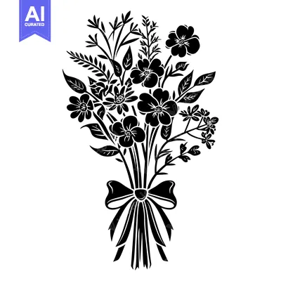 Popular premium asset: Black and White Silhouette of a Flower Bouquet Tied with a Bow