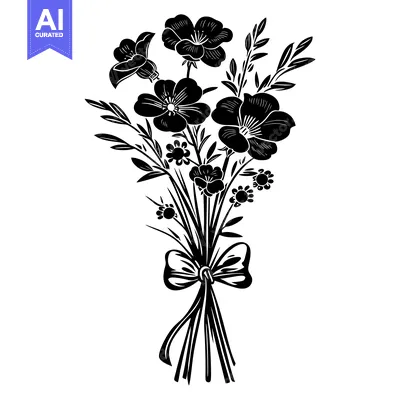 Aset premium populer: Black and White Silhouetted Bouquet of Flowers with a Bow
