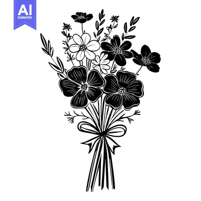 Aset desain premium: Black and White Bouquet of Flowers with a Bow