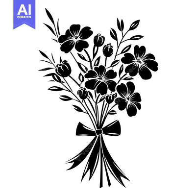 Popular premium asset: Black and White Silhouette of a Bouquet of Flowers with a Bow