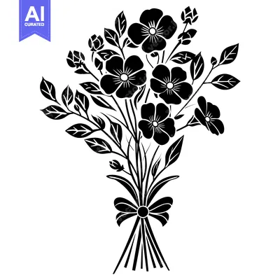 Aset premium populer: Black and White Silhouette of a Bouquet of Flowers with a Bow