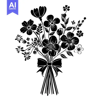 Premium design asset: Black and White Silhouette of a Flower Bouquet with a Bow