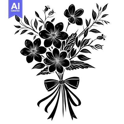 Aset desain premium: Black and White Silhouette of a Flower Bouquet with a Bow