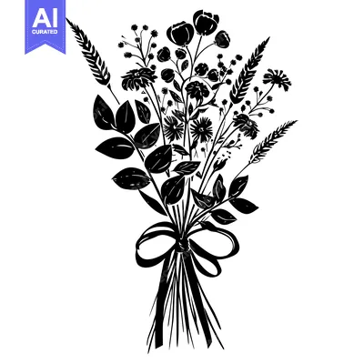 Aset premium populer: Black and White Silhouette of a Tied Bouquet of Flowers and Greenery