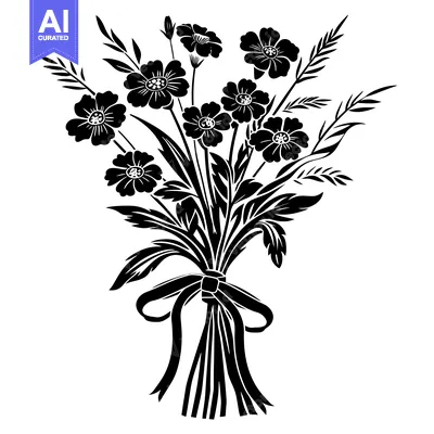 Popular premium asset: A black and white silhouette of a bouquet of flowers tied with a bow