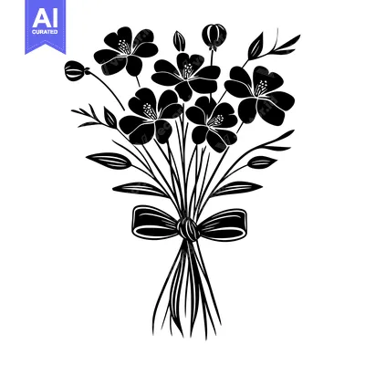 Aset desain premium: Black and White Silhouette of a Bouquet of Flowers Tied with a Bow