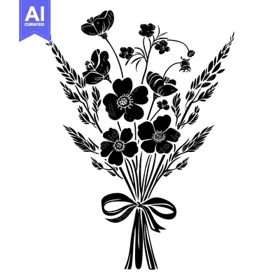 Premium design asset: A Black and White Silhouette of a Bouquet of Flowers Tied with a Bow