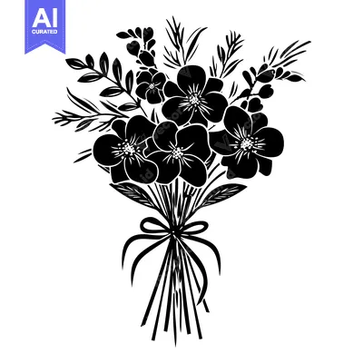 Aset desain premium: Black and White Silhouette of a Bouquet of Flowers with a Bow