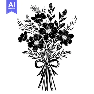 Aset desain premium: Black and White Silhouette of a Bouquet of Flowers with a Bow