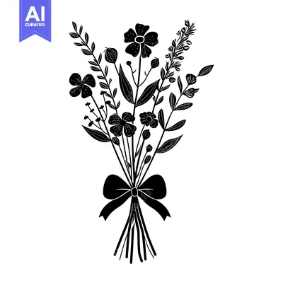 Premium design asset: Black and White Silhouette of a Bouquet of Flowers with a Bow