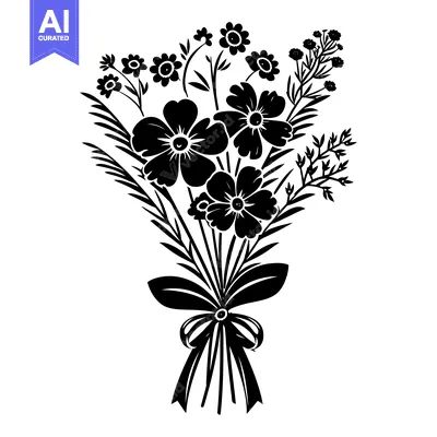 Aset premium populer: Black and White Silhouette of a Flower Bouquet with a Bow