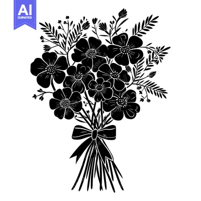 Premium design asset: Black and White Silhouette of a Flower Bouquet with a Bow