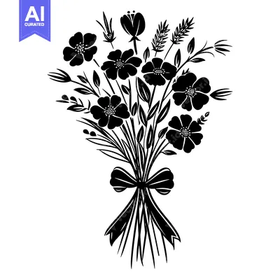 Premium design asset: Black and White Silhouette of a Tied Bouquet of Flowers and Wheat