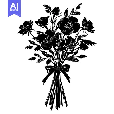 Aset premium populer: Black and White Silhouette of a Bouquet of Flowers with a Bow