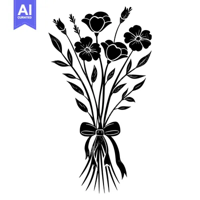 Aset desain premium: Black and White Silhouette of a Flower Bouquet with a Bow
