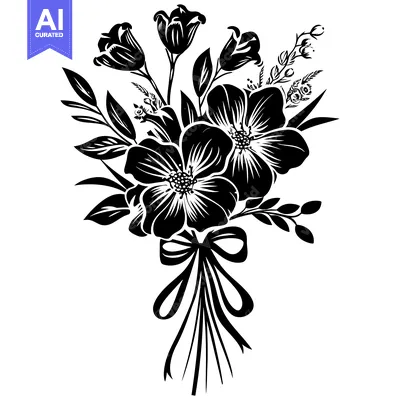 Aset desain premium: Black and White Silhouette of a Flower Bouquet with a Bow