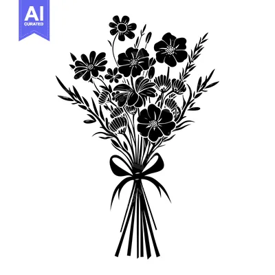Premium design asset: Black and White Silhouette of a Bouquet of Flowers with a Ribbon