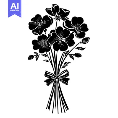 Aset desain premium: Black and White Silhouette of a Bouquet of Flowers with a Bow