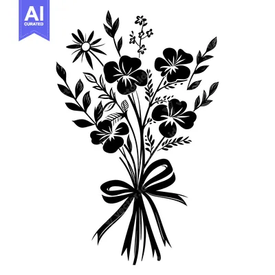 Aset desain premium: Black and White Silhouettes of Flowers with a Bow
