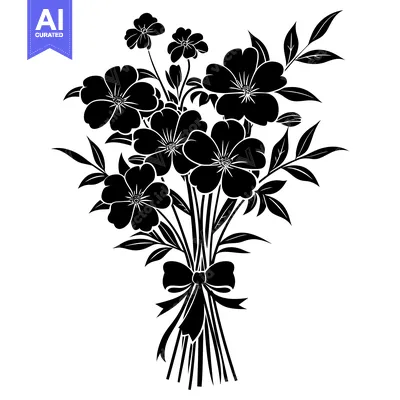 Aset desain premium: A Black and White Silhouette of a Bouquet of Flowers with a Bow