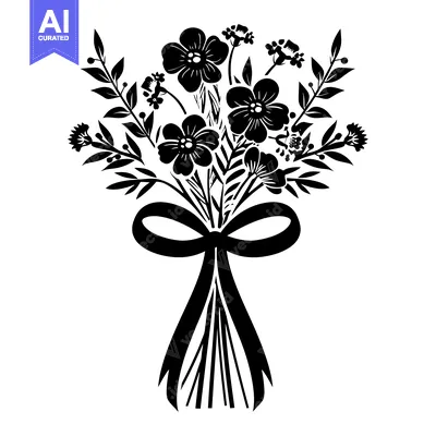 Premium design asset: Black and White Silhouette of a Flower Bouquet with a Bow