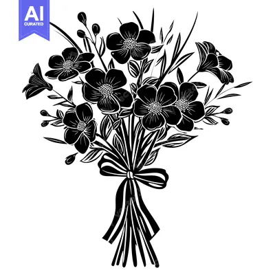 Aset premium populer: Black and White Silhouette of a Flower Bouquet with a Bow