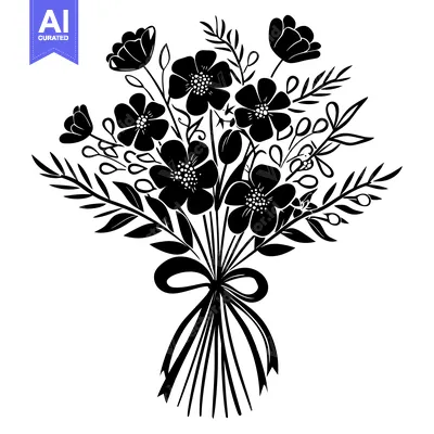 Popular premium asset: A Black and White Silhouette of a Flower Bouquet with a Bow
