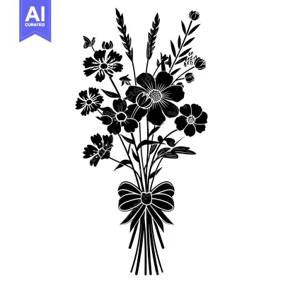 Aset premium populer: Black and White Silhouette of a Bouquet of Flowers with a Bow