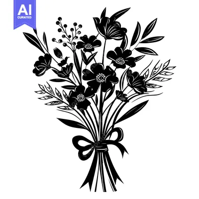 Aset premium populer: Black and White Silhouette of a Bouquet of Flowers with a Bow