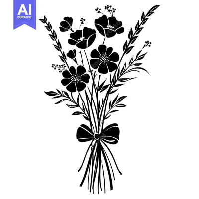 Premium design asset: Black and White Silhouette of a Flower Bouquet with a Bow