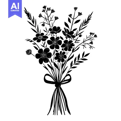 Aset premium populer: Black and White Silhouette of a Flower Bouquet Tied with a Bow