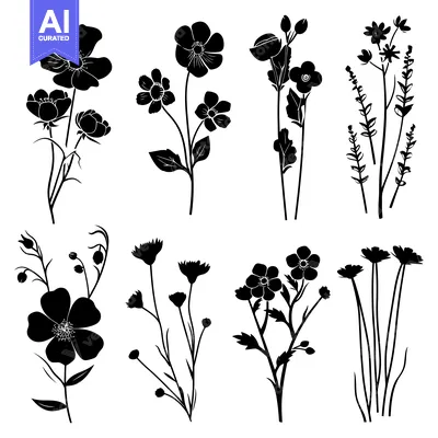 Aset premium populer: Black Silhouettes of Various Flowers and Buds